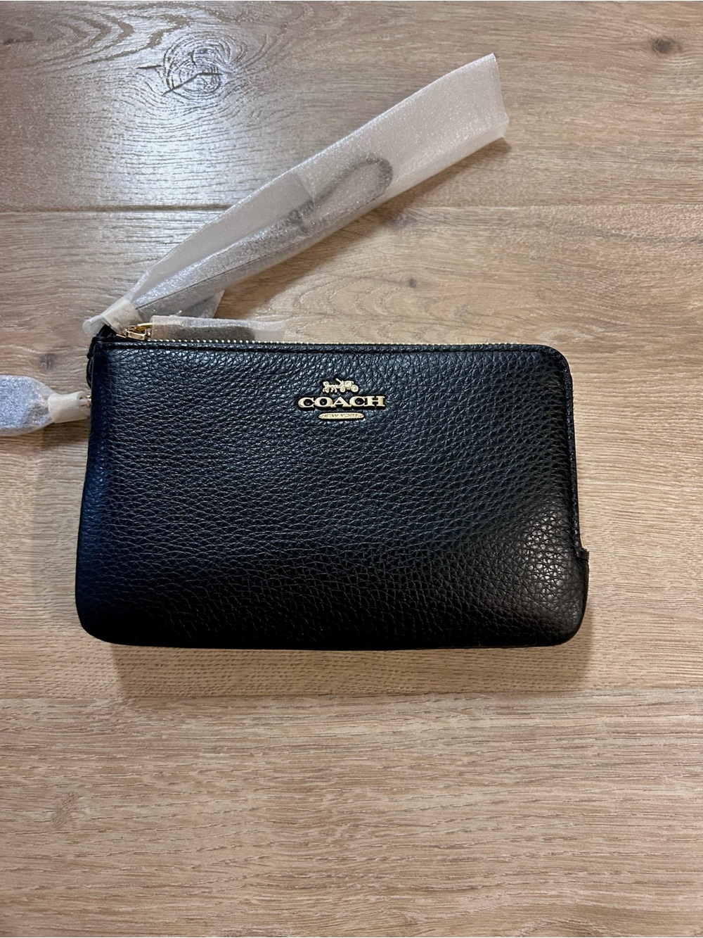 New Coach Black Pebbled Leather Zip Wristlet with Gold Logo